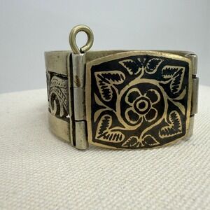 Vintage Islamic Old Yemeni Bracelet Mixed Metal Niello Floral Filigree Hinged